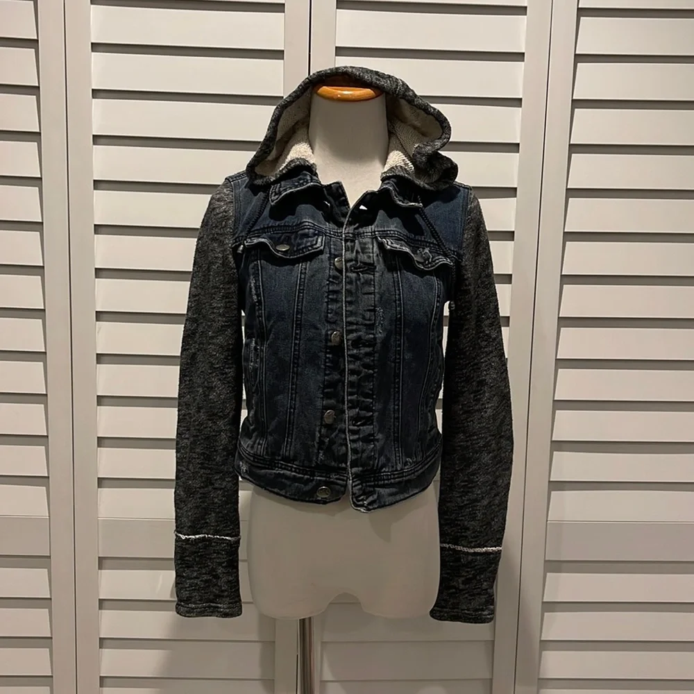 Free People Jean Jacket with Sweat Sleeves and hoodie - Picture 2 of 8